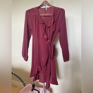Lilysilk Ruffle Edge Maroon Wrap Dress - 100% Mulberry Silk